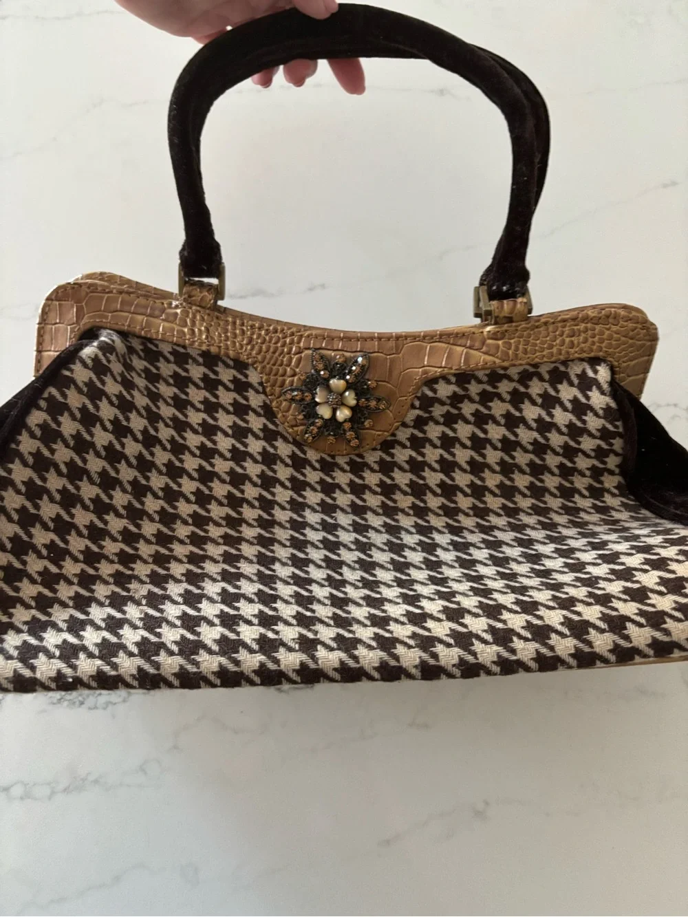 Vintage Marshall Fields Houndstooth Top-Handle Satchel with Camel Trim